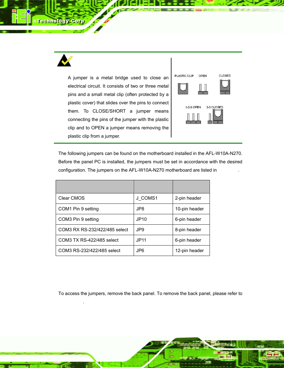 5 jumper settings, 1 access the jumpers, Umper | Ettings, Table 2-1: jumpers | IEI Integration AFL-W10A-N270 v1.00 User Manual | Page 30 / 113