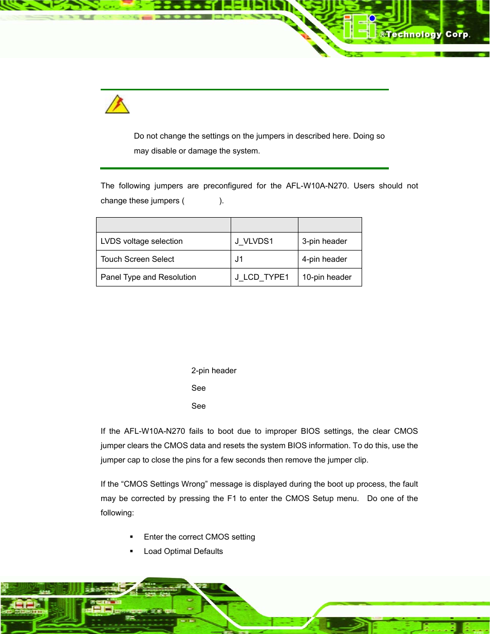 2 preconfigured jumpers, 3 clear cmos jumper, Table 2-2: preconfigured jumpers | IEI Integration AFL-W10A-N270 v1.00 User Manual | Page 31 / 113