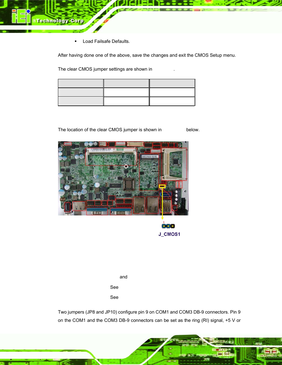 4 com port pin 9 select, Figure 2-5: clear cmos jumper, Table 2-3: clear cmos jumper settings | IEI Integration AFL-W10A-N270 v1.00 User Manual | Page 32 / 113