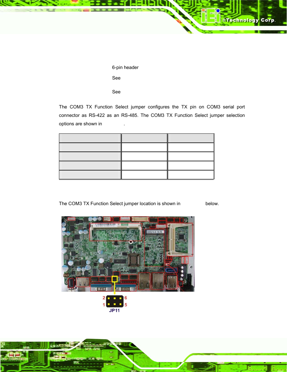 6 com3 tx function select jumper, Table 2-7: com3 tx function select jumper settings | IEI Integration AFL-W10A-N270 v1.00 User Manual | Page 35 / 113