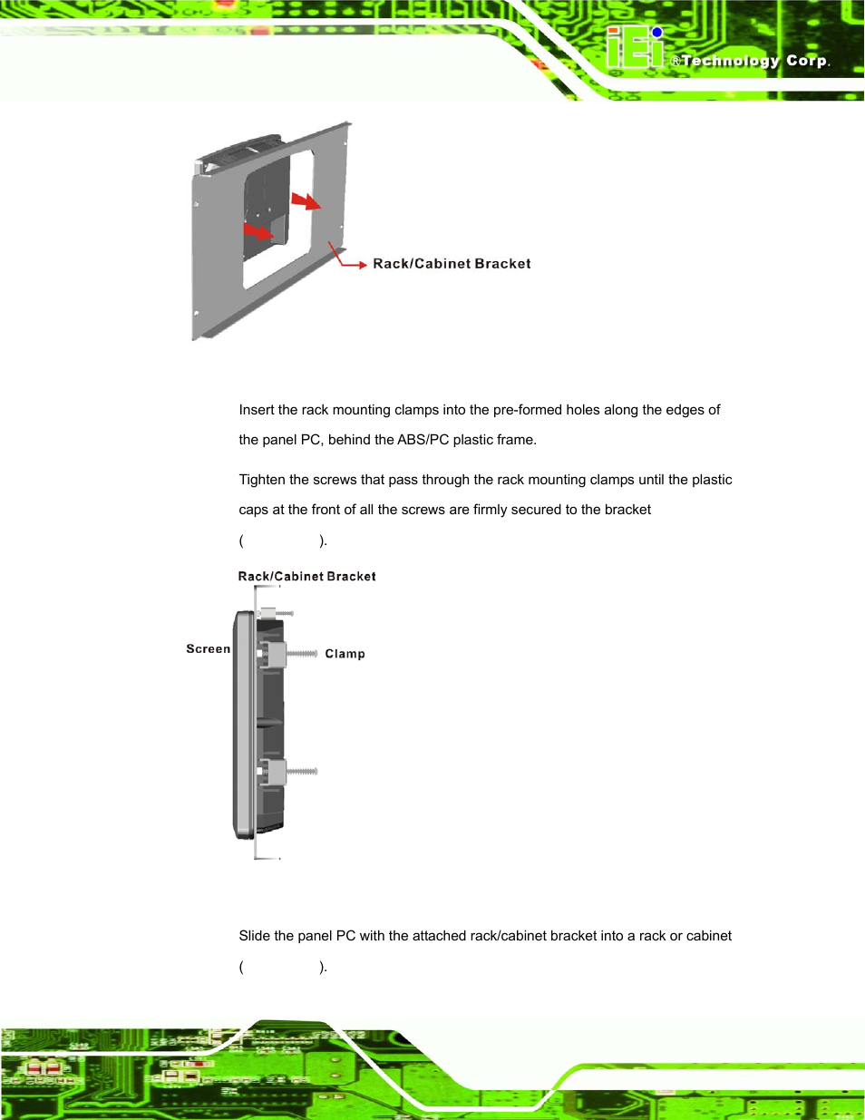 Figure 2-15: the rack/cabinet bracket, Figure 2-16: secure the rack/cabinet bracket | IEI Integration AFL-W10A-N270 v1.00 User Manual | Page 43 / 113