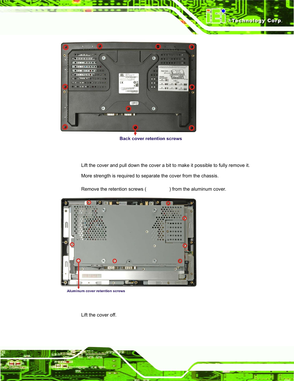 Figure 3-2: back cover retention screws, Figure 3-3: aluminum cover retention screws | IEI Integration AFL-W10A-N270 v1.00 User Manual | Page 53 / 113