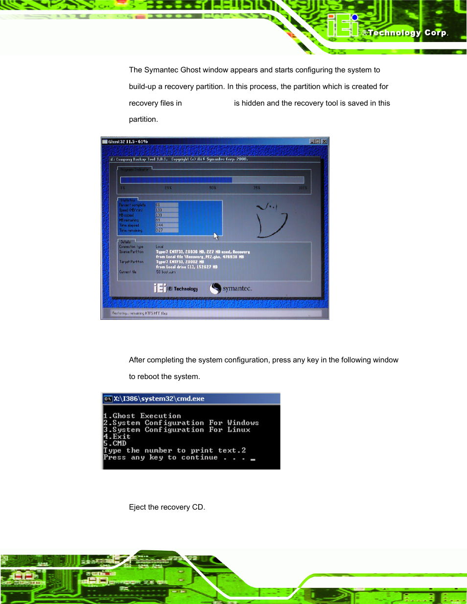 Figure b-8: build-up recovery partition, Figure b-9: press any key to continue | IEI Integration AFL-W10A-N270 v2.13 User Manual | Page 111 / 143