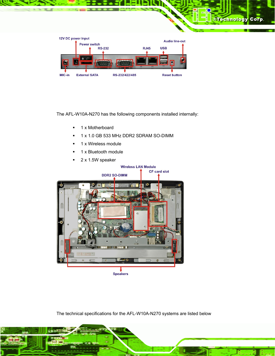 3 internal overview, 4 system specifications, Nternal | Verview, Ystem, Pecifications, Figure 1-5: internal overview | IEI Integration AFL-W10A-N270 v2.13 User Manual | Page 17 / 143