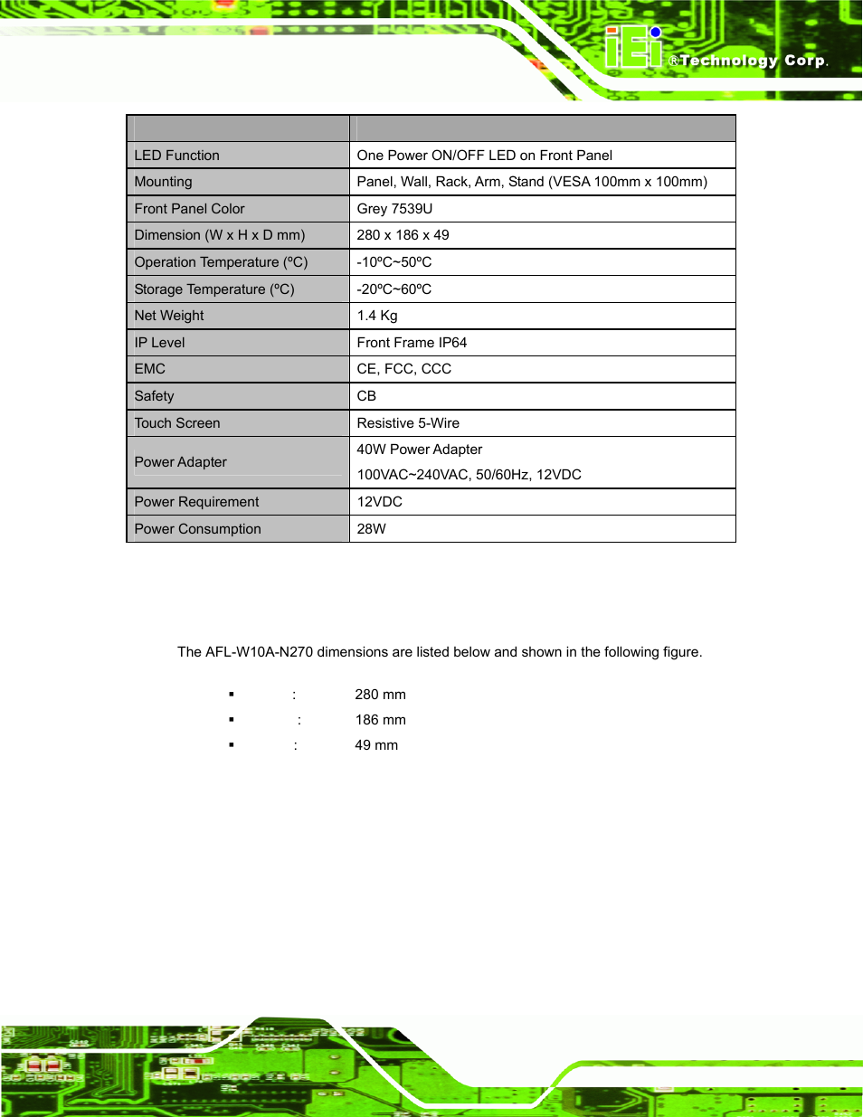 5 dimensions, Imensions, Table 1-1: afl-w10a-n270 specifications | IEI Integration AFL-W10A-N270 v2.13 User Manual | Page 19 / 143
