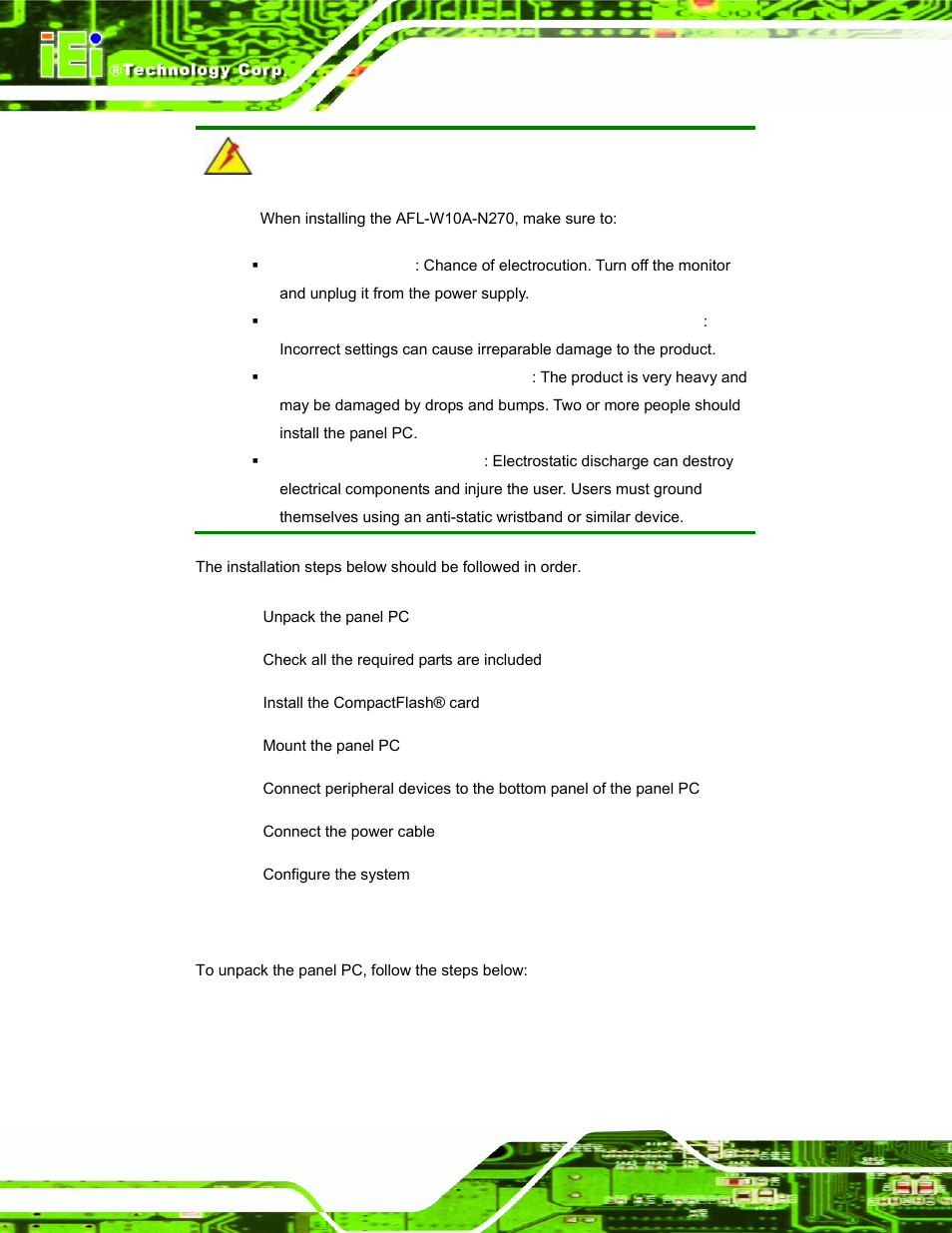 1 unpack the panel pc, Npack the, Anel | IEI Integration AFL-W10A-N270 v2.13 User Manual | Page 22 / 143