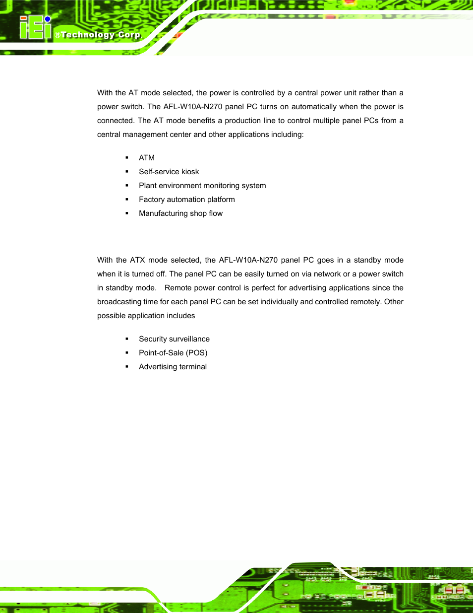 1 at power mode, 2 atx power mode | IEI Integration AFL-W10A-N270 v2.13 User Manual | Page 30 / 143