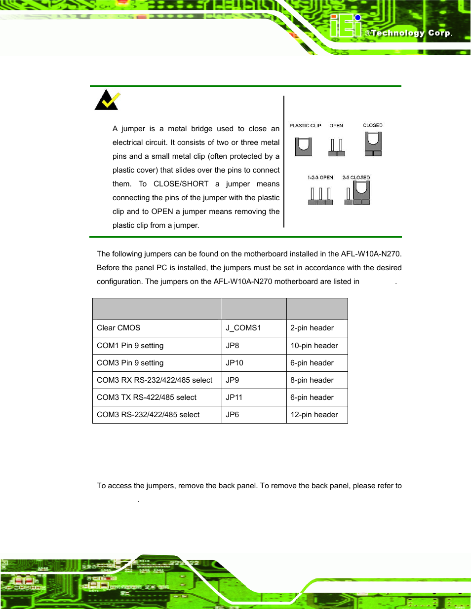 5 jumper settings, 1 access the jumpers, Umper | Ettings, Table 2-1: jumpers | IEI Integration AFL-W10A-N270 v2.13 User Manual | Page 31 / 143