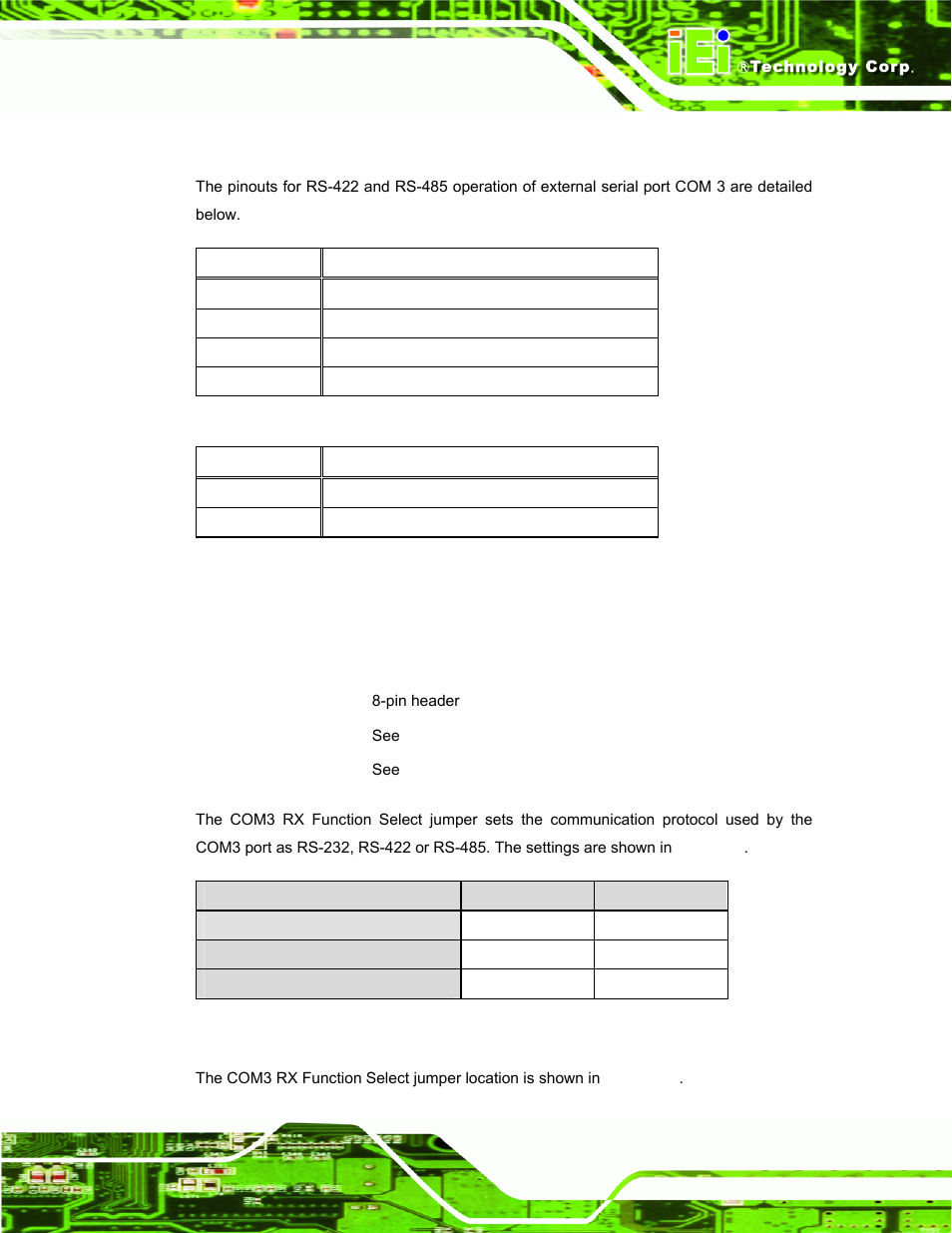 1 com3 rs-422 and rs-485 pinouts, 5 com3 rx function select jumper, Table 2-6: rs-422 pinouts | Table 2-7: rs-485 pinouts, Table 2-8: com3 rx function select jumper settings | IEI Integration AFL-W10A-N270 v2.13 User Manual | Page 35 / 143