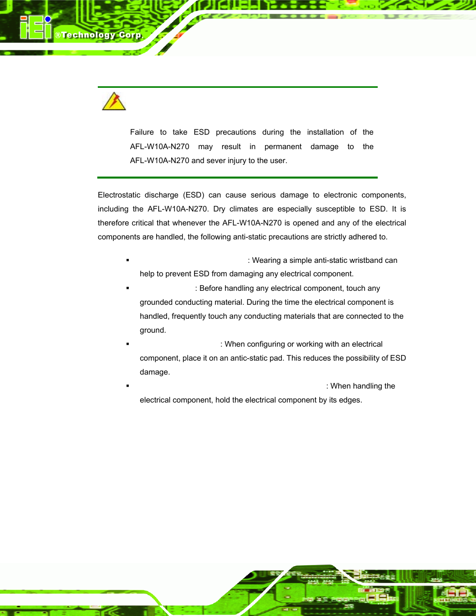 A.1.2 anti-static precautions | IEI Integration AFL-W10A-N270 v2.13 User Manual | Page 98 / 143