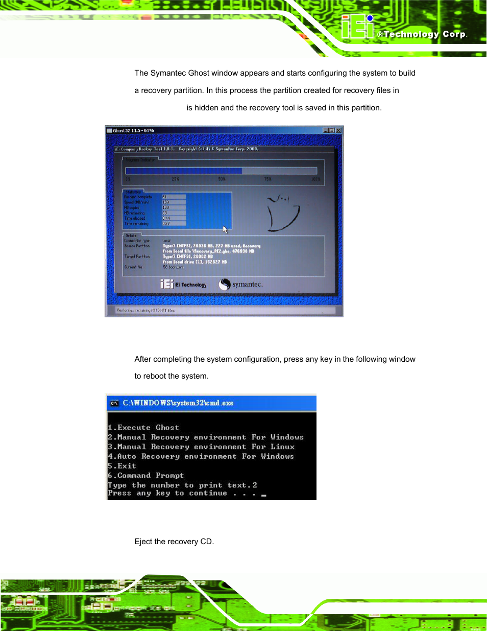 Figure b-8: building the recovery partition, Figure b-9: press any key to continue | IEI Integration AFL-W10A-N270 v3.10 User Manual | Page 113 / 158