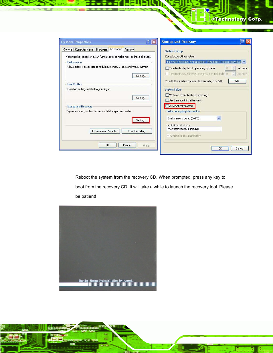 Figure b-23: disable automatically restart, Figure b-24: launching the recovery tool | IEI Integration AFL-W10A-N270 v3.10 User Manual | Page 121 / 158