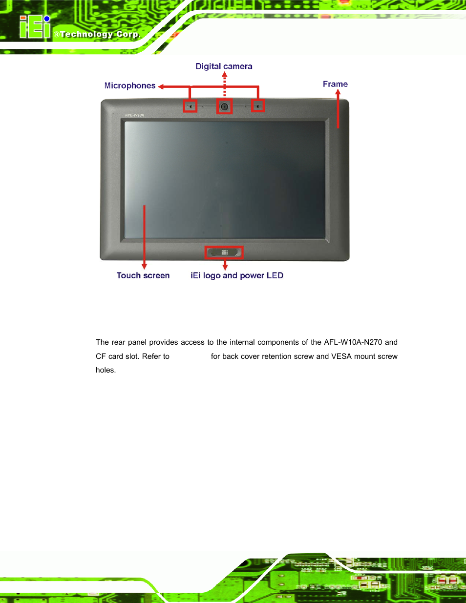 2 rear panel, Figure 1-2: afl-w10a-n270 front view | IEI Integration AFL-W10A-N270 v3.10 User Manual | Page 16 / 158