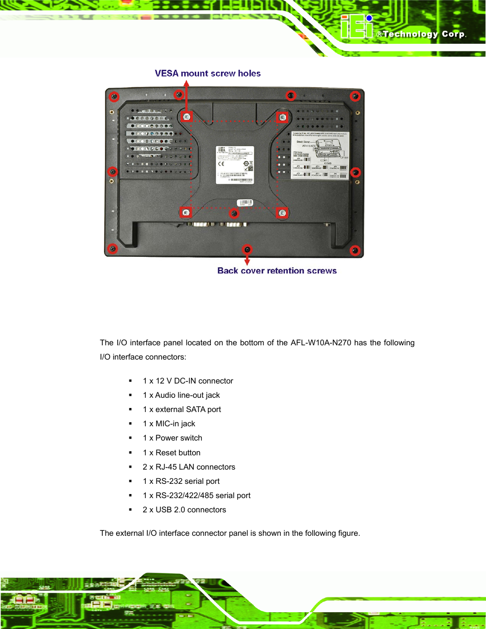 3 i/o interface panel, Figure 1-3: afl-w10a-n270 rear view | IEI Integration AFL-W10A-N270 v3.10 User Manual | Page 17 / 158