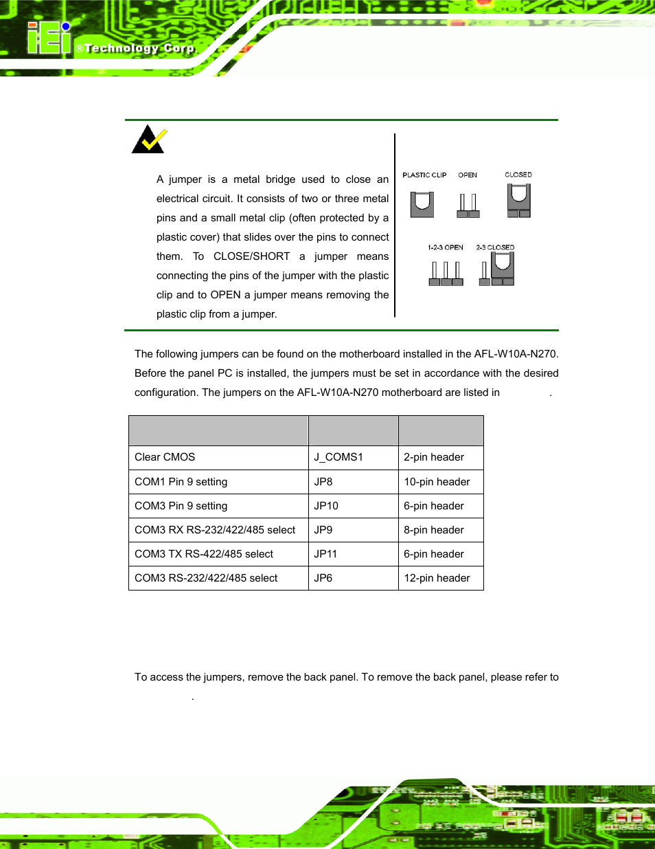 5 jumper settings, 1 access the jumpers, Umper | Ettings, Table 2-1: jumpers | IEI Integration AFL-W10A-N270 v3.10 User Manual | Page 32 / 158