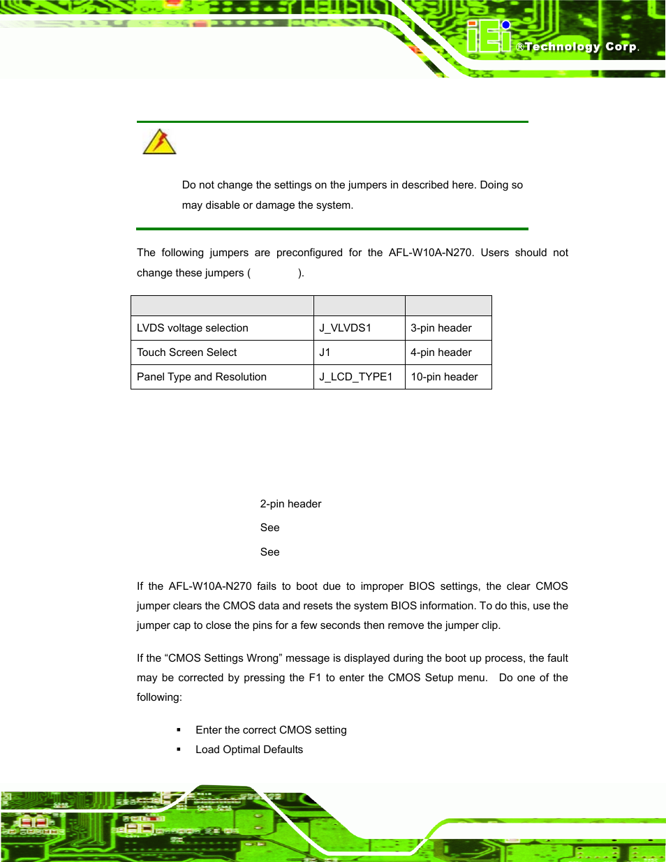 2 preconfigured jumpers, 3 clear cmos jumper, Table 2-2: preconfigured jumpers | IEI Integration AFL-W10A-N270 v3.10 User Manual | Page 33 / 158