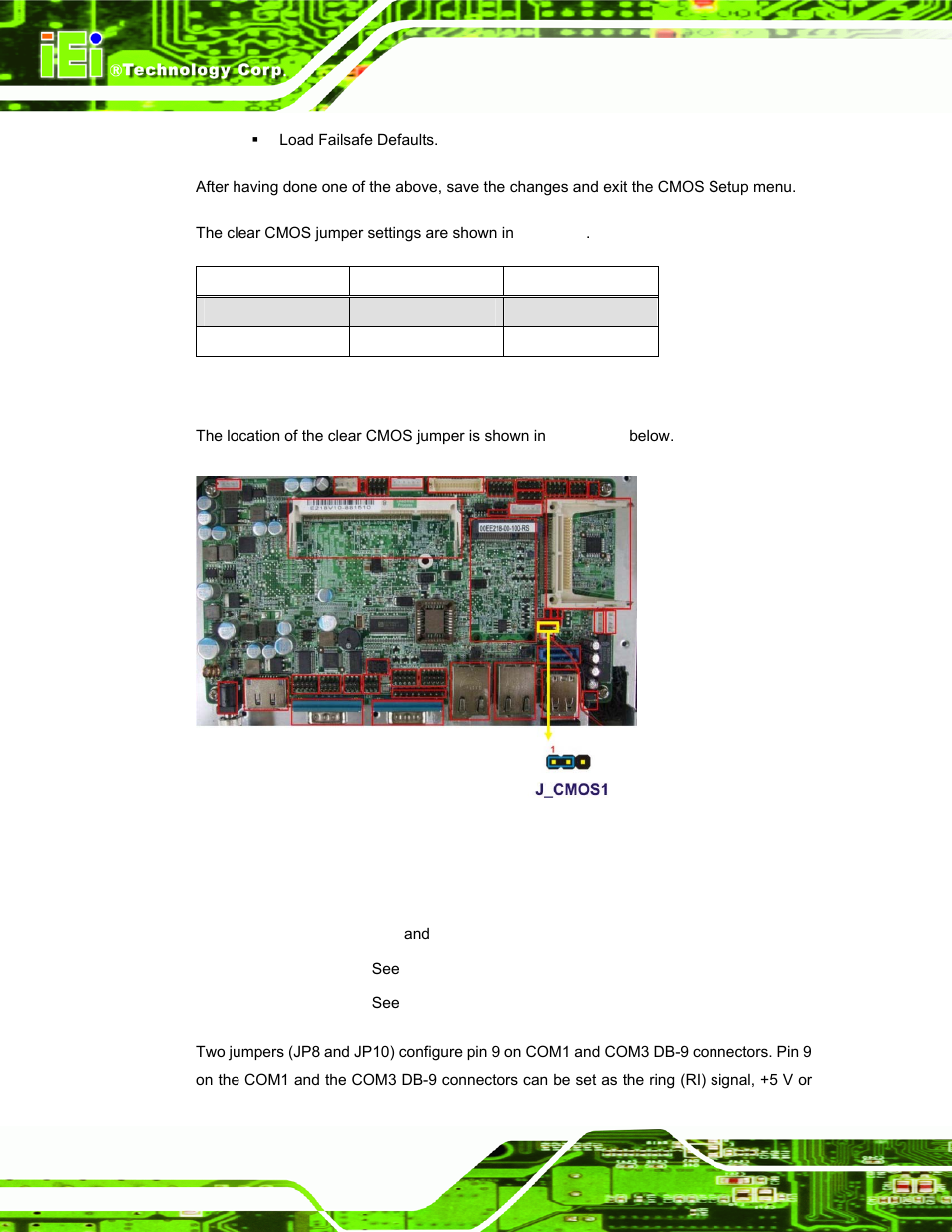 4 com port pin 9 select, Figure 2-5: clear cmos jumper, Table 2-3: clear cmos jumper settings | IEI Integration AFL-W10A-N270 v3.10 User Manual | Page 34 / 158