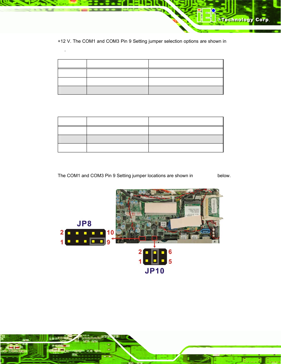 Table 2-4: com1 pin 9 setting jumper settings, Table 2-5: com3 pin 9 setting jumper settings, See table 2-4 | See figure 2-6 | IEI Integration AFL-W10A-N270 v3.10 User Manual | Page 35 / 158