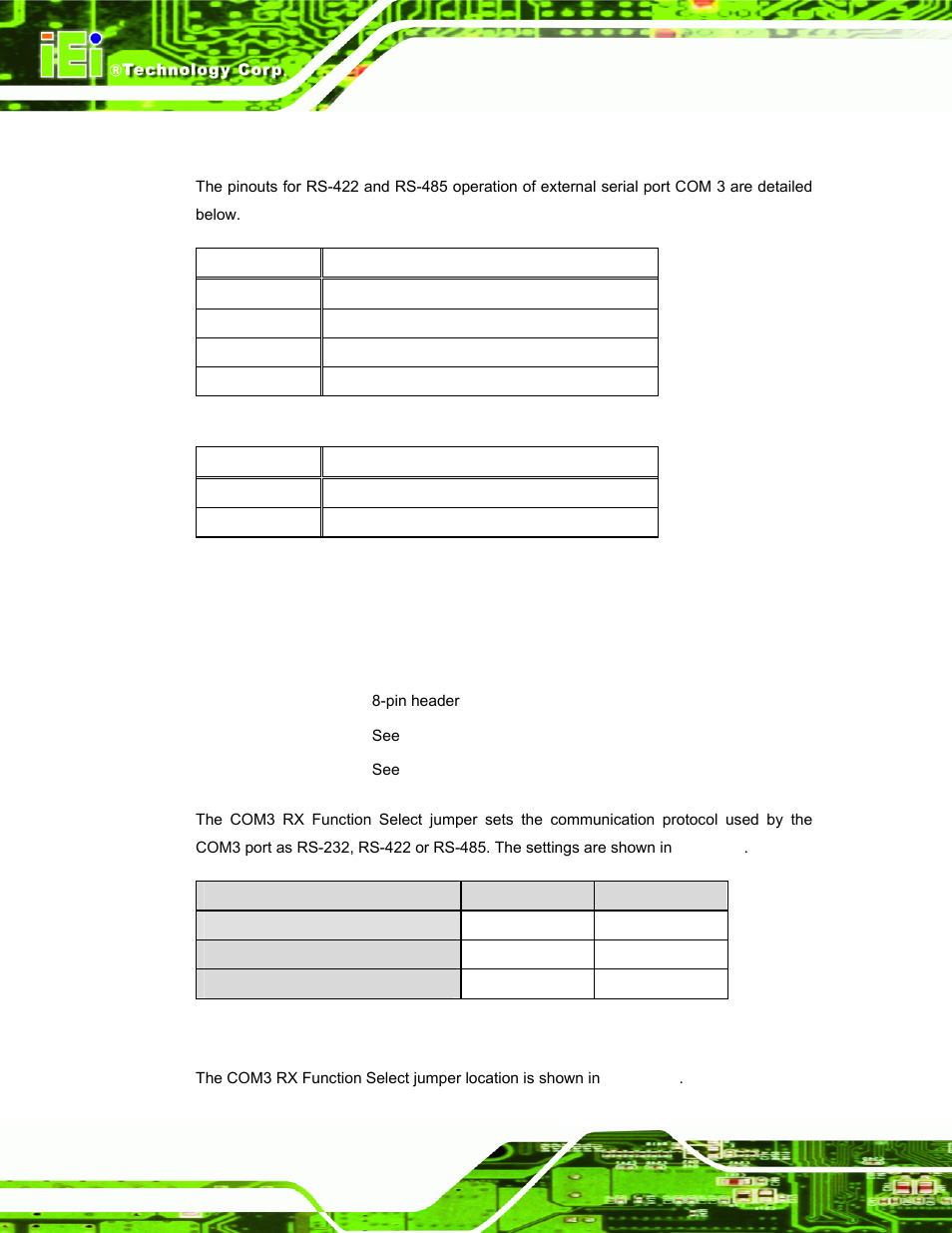 1 com3 rs-422 and rs-485 pinouts, 5 com3 rx function select jumper, Table 2-6: rs-422 pinouts | Table 2-7: rs-485 pinouts, Table 2-8: com3 rx function select jumper settings | IEI Integration AFL-W10A-N270 v3.10 User Manual | Page 36 / 158