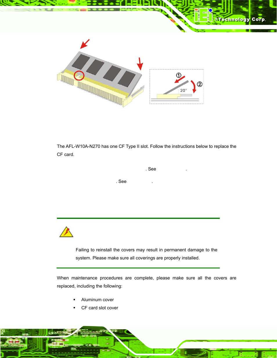 5 cf card replacement, 6 reinstalling the covers, Eplacement | Einstalling the, Overs, Figure 3-5: ddr2 so-dimm module installation | IEI Integration AFL-W10A-N270 v3.10 User Manual | Page 57 / 158