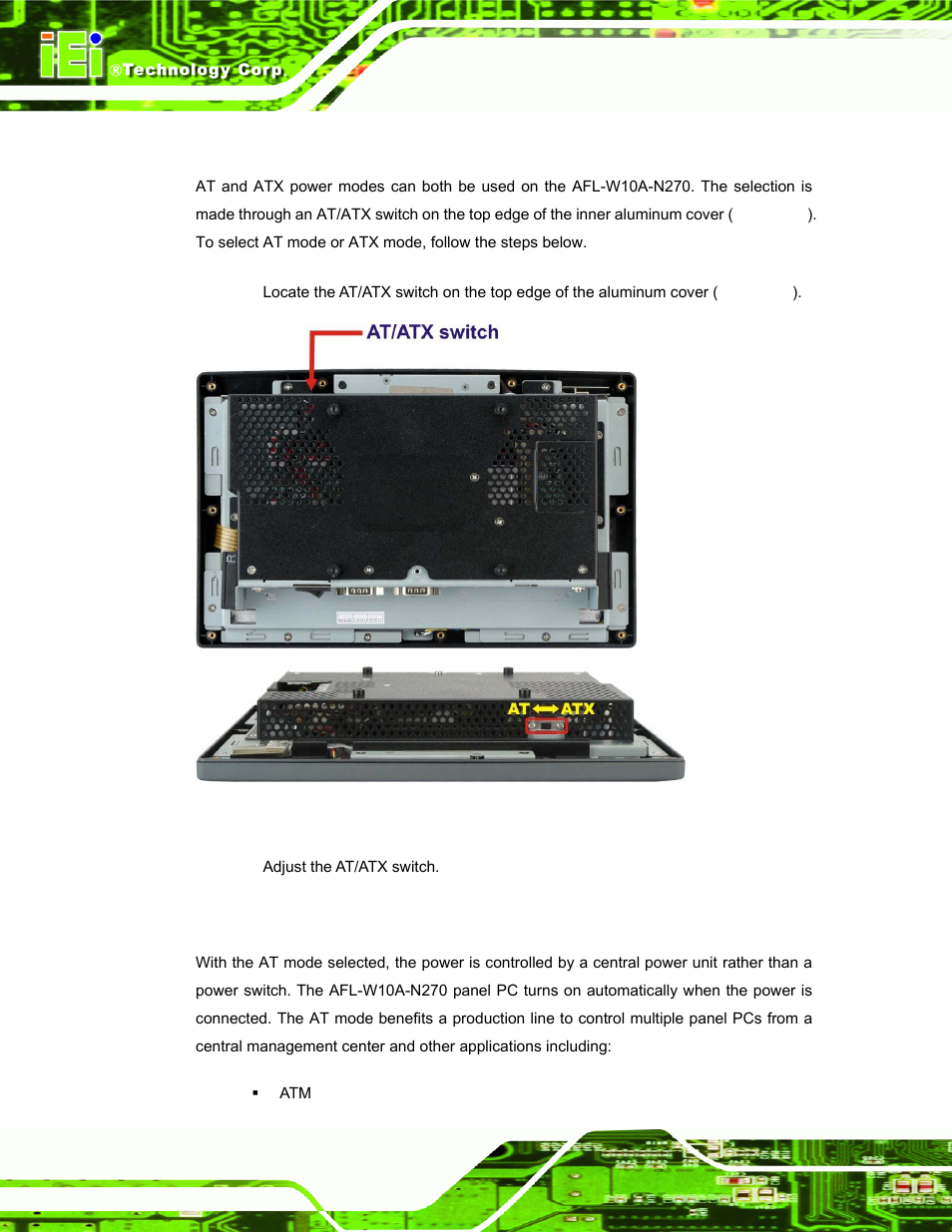4 at/atx mode selection, 1 at power mode | IEI Integration AFL-W10A-N270 v3.20 User Manual | Page 32 / 177