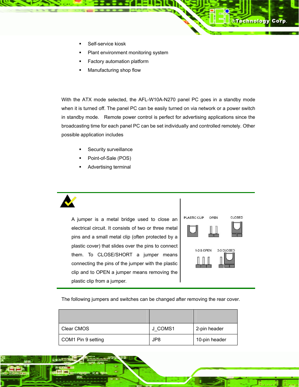 2 atx power mode, 5 jumper settings | IEI Integration AFL-W10A-N270 v3.20 User Manual | Page 33 / 177