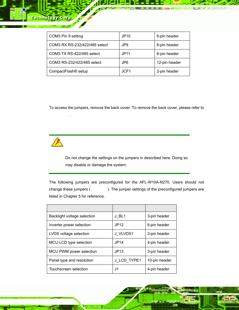 1 access the jumpers, 2 preconfigured jumpers | IEI Integration AFL-W10A-N270 v3.20 User Manual | Page 34 / 177