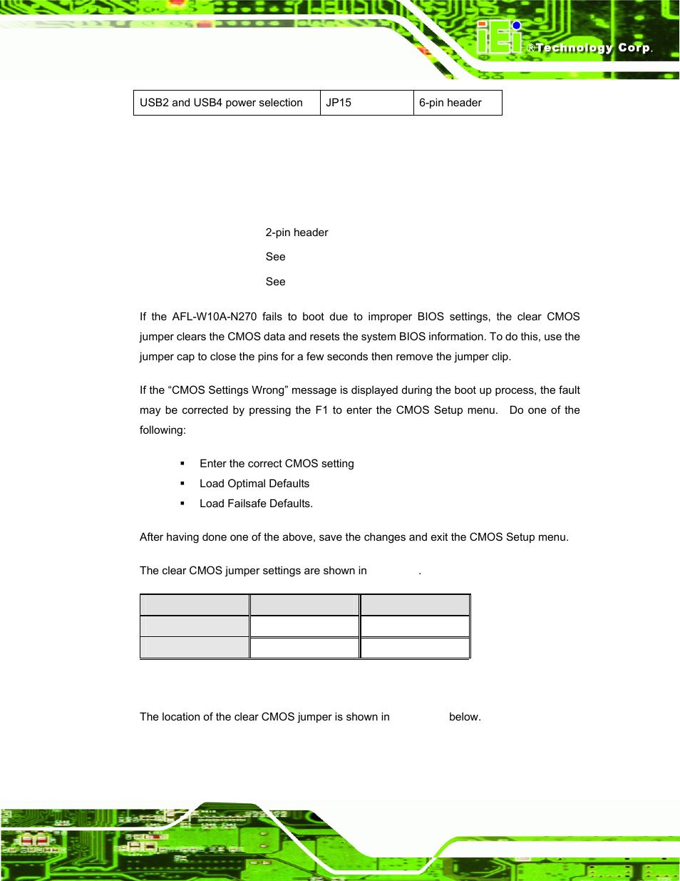 3 clear cmos jumper | IEI Integration AFL-W10A-N270 v3.20 User Manual | Page 35 / 177