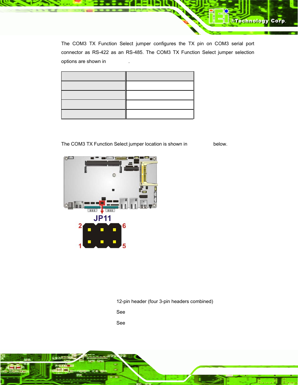 7 com3 rs-232/422/485 serial port select jumper | IEI Integration AFL-W10A-N270 v3.20 User Manual | Page 39 / 177