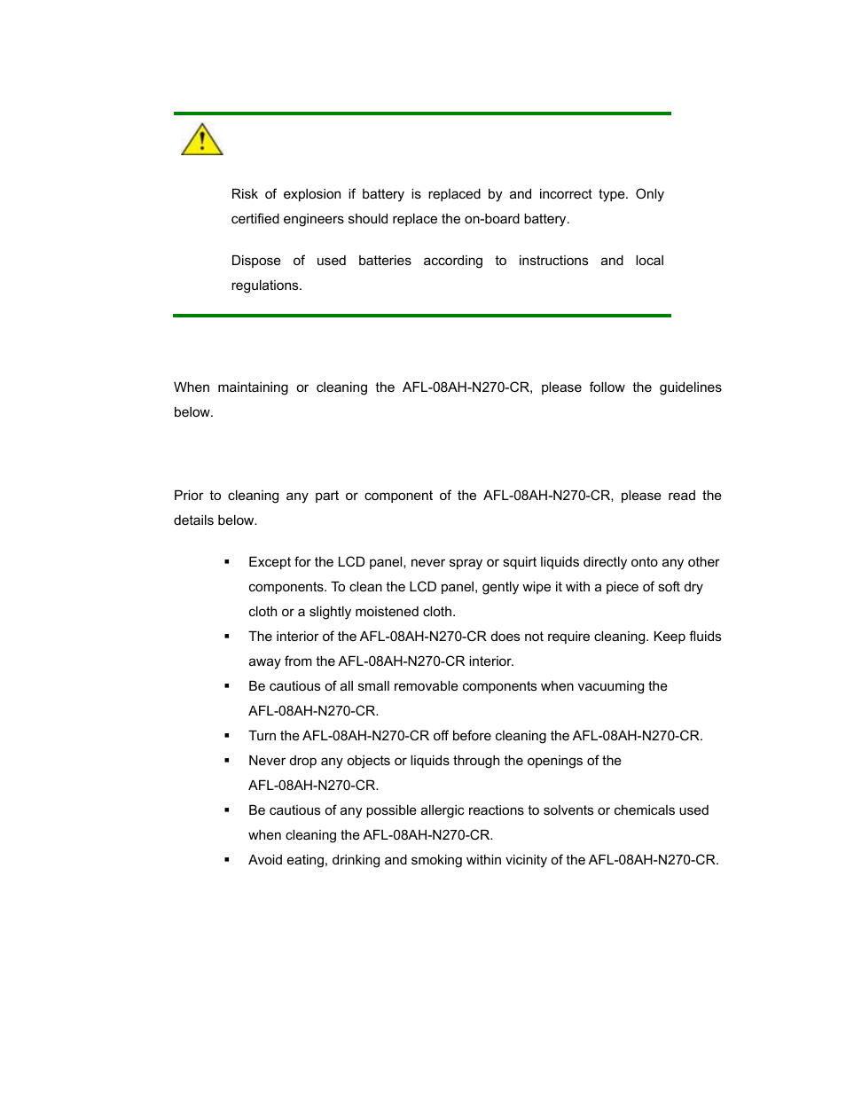 B.2 maintenance and cleaning precautions, B.2.1 maintenance and cleaning, Aintenance and | Leaning, Recautions | IEI Integration AFL-08AH-N270 User Manual | Page 105 / 115