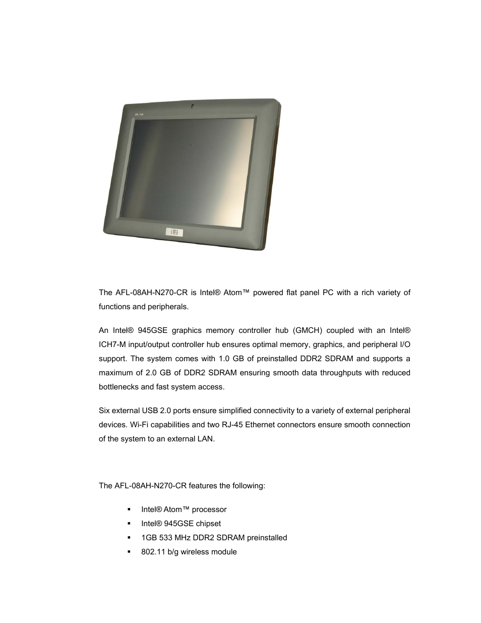 1 overview, 1 features, Verview | Figure 1-1: afl-08ah-n270-cr flat panel pc | IEI Integration AFL-08AH-N270 User Manual | Page 16 / 115