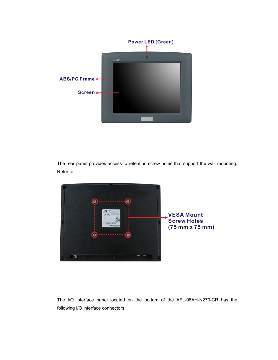 3 rear panel, 4 i/o interface panel, Figure 1-2: afl-08ah-n270-cr front view | Figure 1-3: afl-08ah-n270-cr rear view | IEI Integration AFL-08AH-N270 User Manual | Page 18 / 115