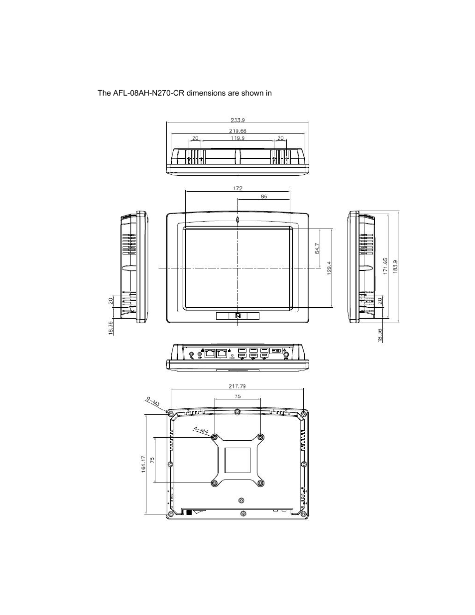 1 dimensions, Imensions, Figure 2-1: afl-08ah-n270-cr dimensions (mm) | IEI Integration AFL-08AH-N270 User Manual | Page 24 / 115