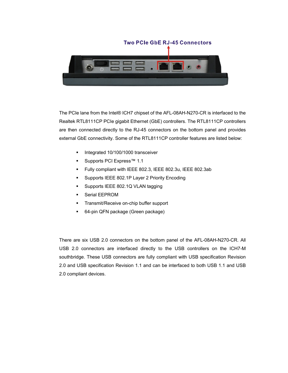 2 external usb connectors, Figure 2-3: rj-45 ethernet connectors | IEI Integration AFL-08AH-N270 User Manual | Page 27 / 115