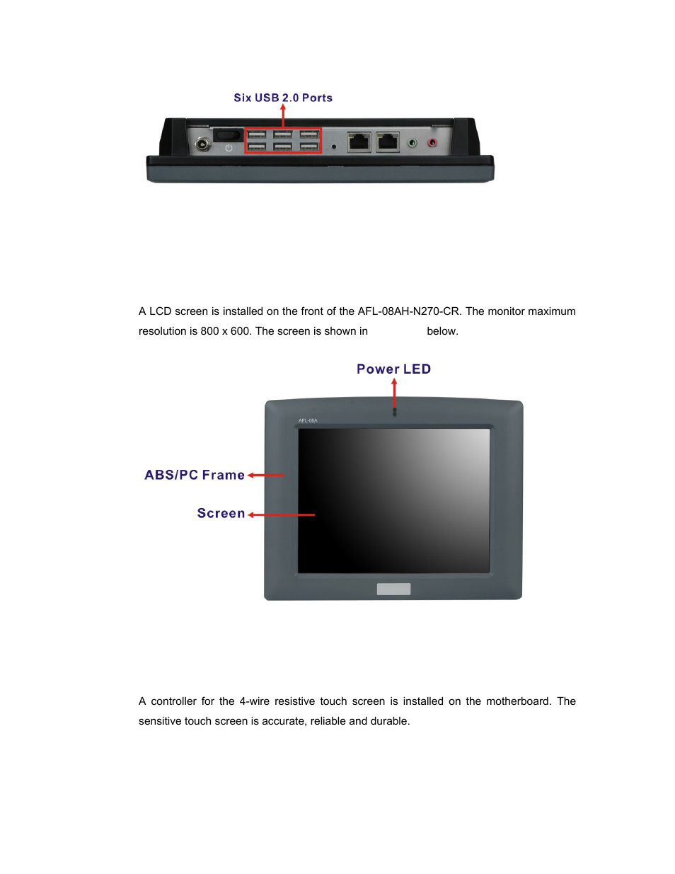 5 front side, 1 monitor, 2 touch-screen module | Ront, Figure 2-4: external usb ports, Figure 2-5: lcd screen | IEI Integration AFL-08AH-N270 User Manual | Page 28 / 115