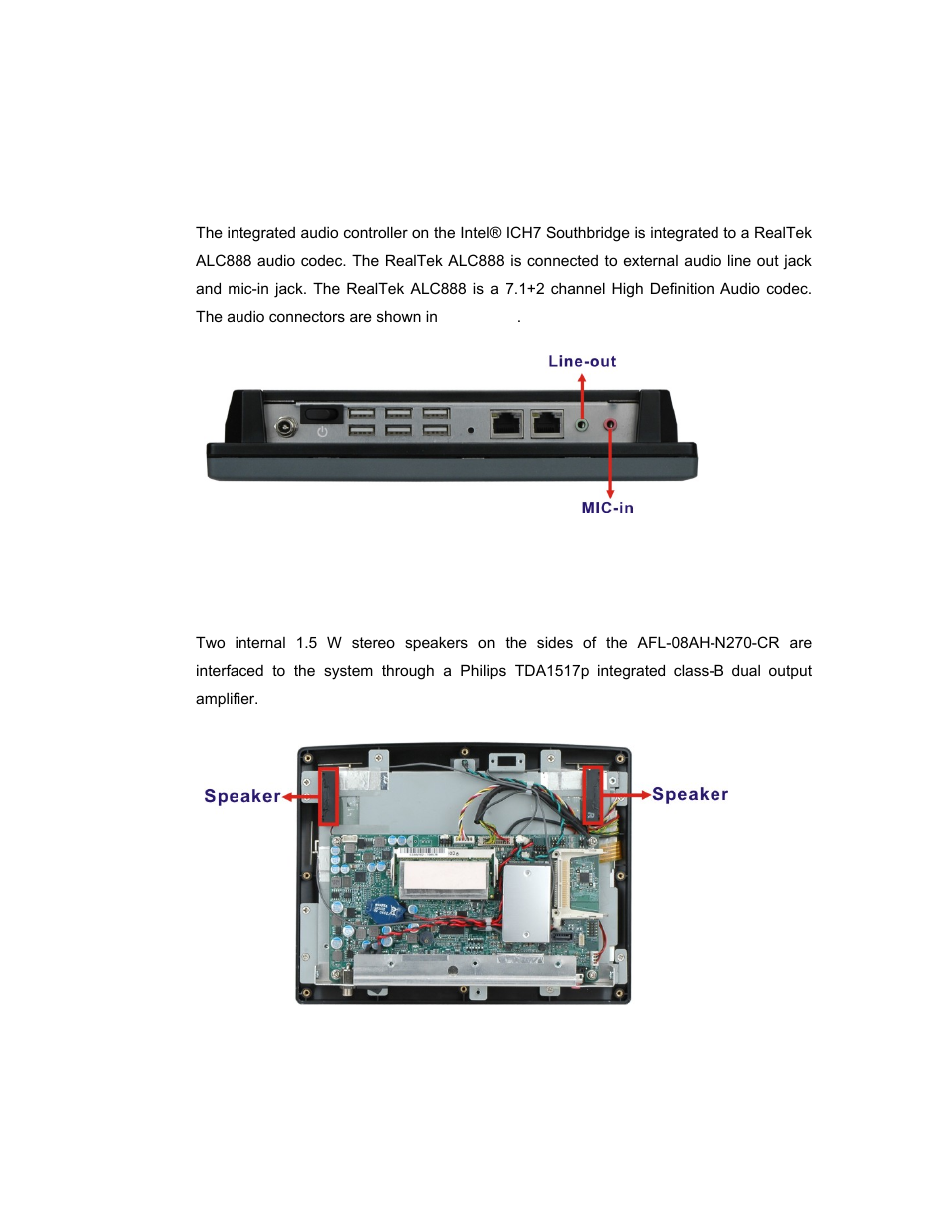 6 audio, 1 audio codec controller, 2 stereo speakers | Udio, Figure 2-6: audio jack, Figure 2-7: stereo speakers | IEI Integration AFL-08AH-N270 User Manual | Page 29 / 115