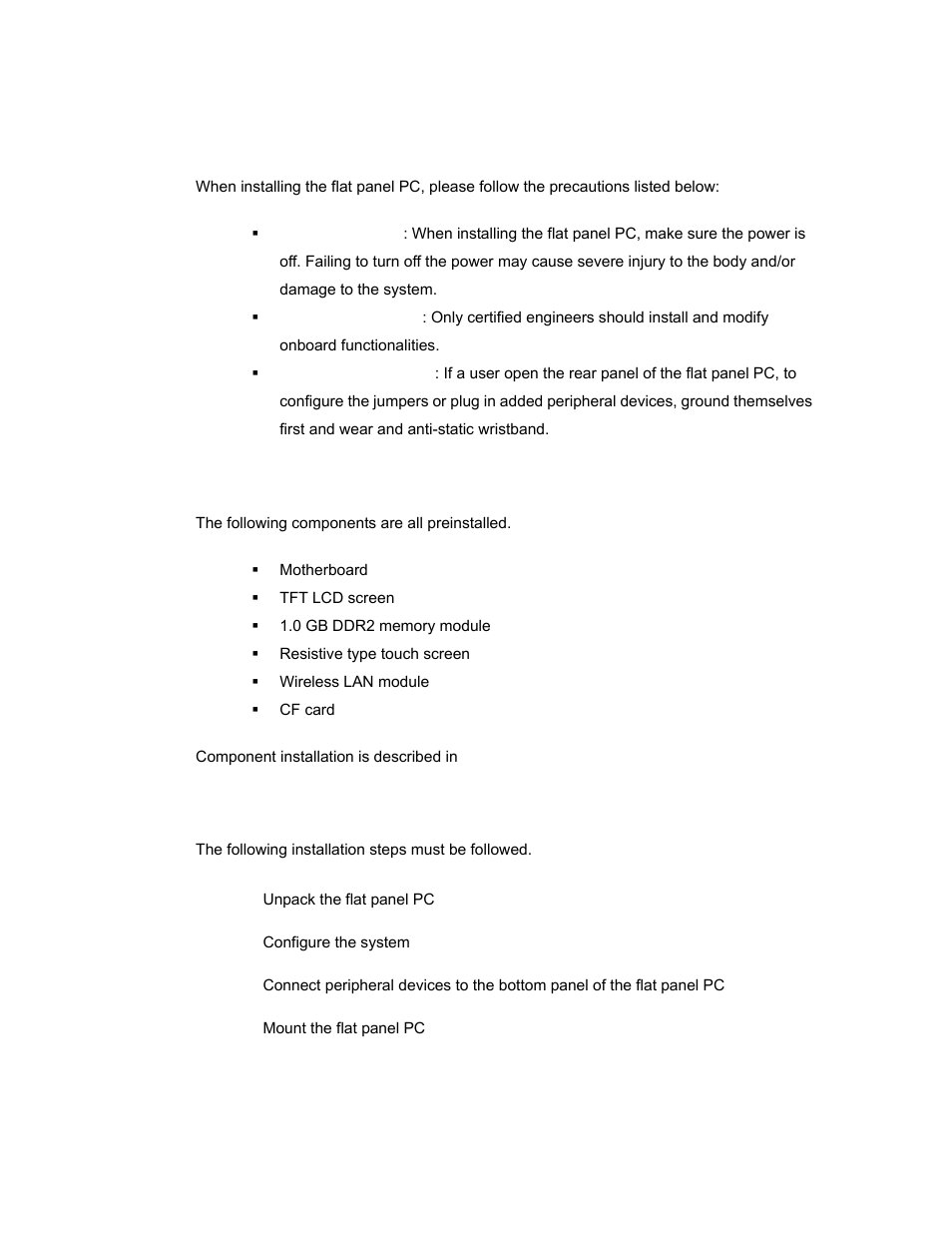 2 installation precautions, 3 preinstalled components, 4 installation and configuration steps | Nstallation, Recautions, Reinstalled, Omponents, Nstallation and, Onfiguration, Teps | IEI Integration AFL-08AH-N270 User Manual | Page 37 / 115