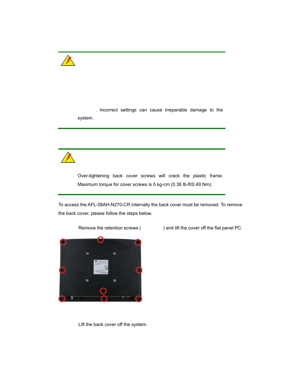 5 removing the back cover, Emoving the, Over | Figure 4-1: back cover retention screws | IEI Integration AFL-08AH-N270 User Manual | Page 38 / 115