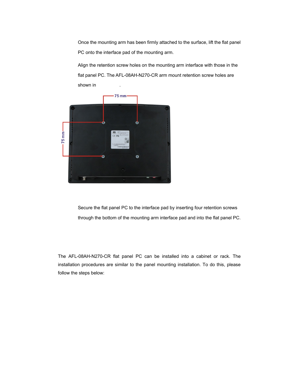 4 cabinet and rack installation, Figure 4-8: arm mounting retention screw holes | IEI Integration AFL-08AH-N270 User Manual | Page 46 / 115