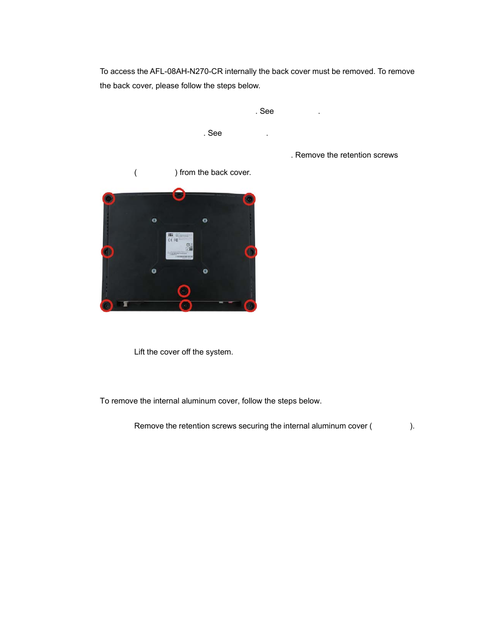 2 internal aluminum cover removal, Figure 5-1: back cover retention screws | IEI Integration AFL-08AH-N270 User Manual | Page 55 / 115