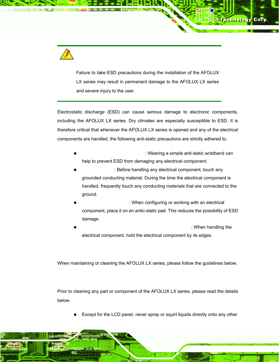 A.1.2 anti-static precautions, A.2 maintenance and cleaning precautions, A.2.1 maintenance and cleaning | A.2 m, Aintenance and, Leaning, Recautions | IEI Integration AFL-07A 08AH 10A 12A-LX Series User Manual | Page 109 / 131