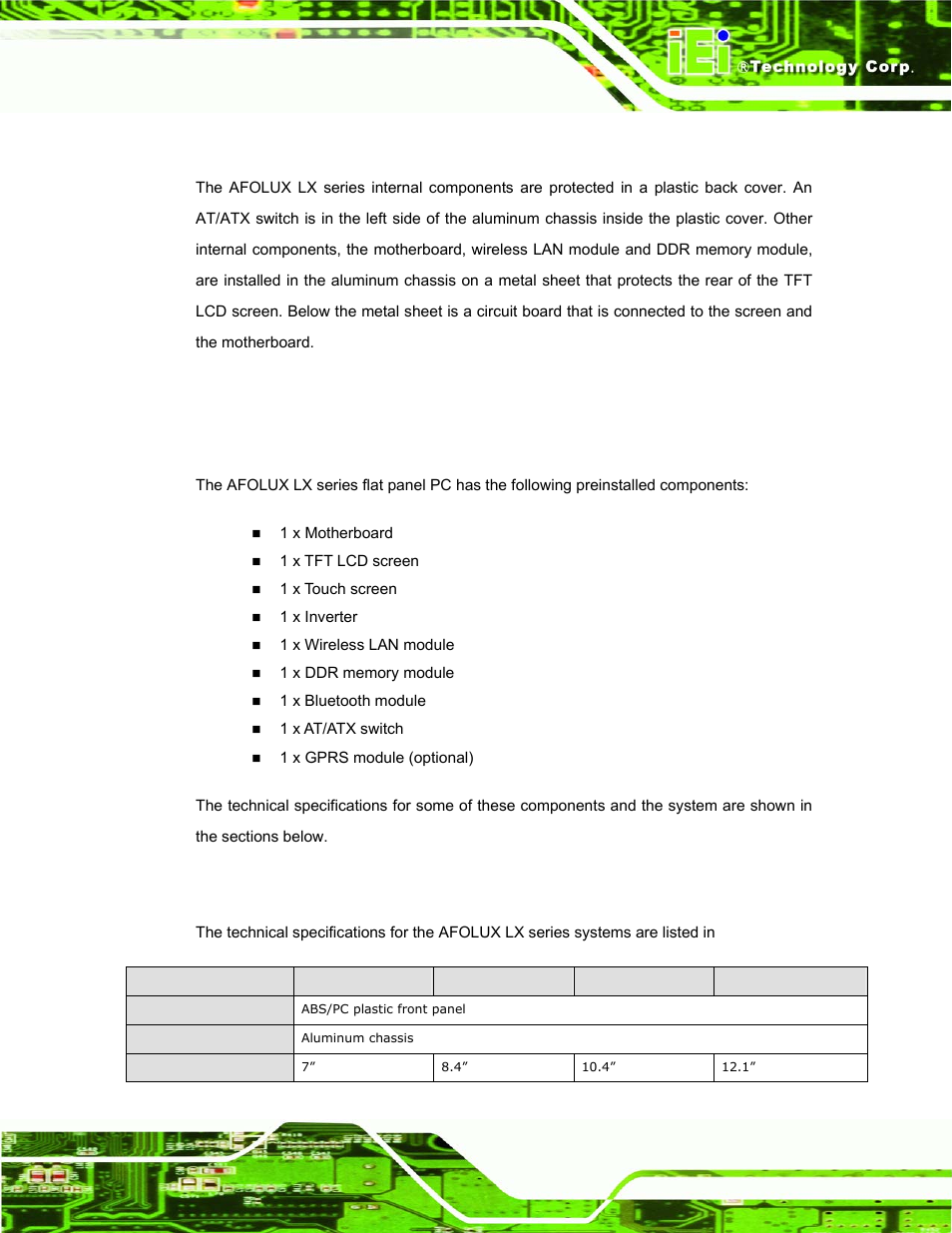 3 internal overview, 4 specifications, 1 preinstalled hardware components | 2 system specifications, Nternal, Verview, Pecifications, Afolux lx series flat panel pc page 7 | IEI Integration AFL-07A 08AH 10A 12A-LX Series User Manual | Page 21 / 131
