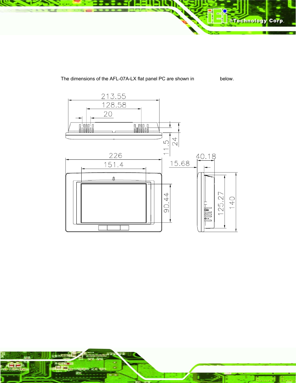 5 dimensions, 1 afl-07a-lx dimensions, Imensions | Figure 1-6: afl-07a-lx dimensions (units in mm) | IEI Integration AFL-07A 08AH 10A 12A-LX Series User Manual | Page 27 / 131