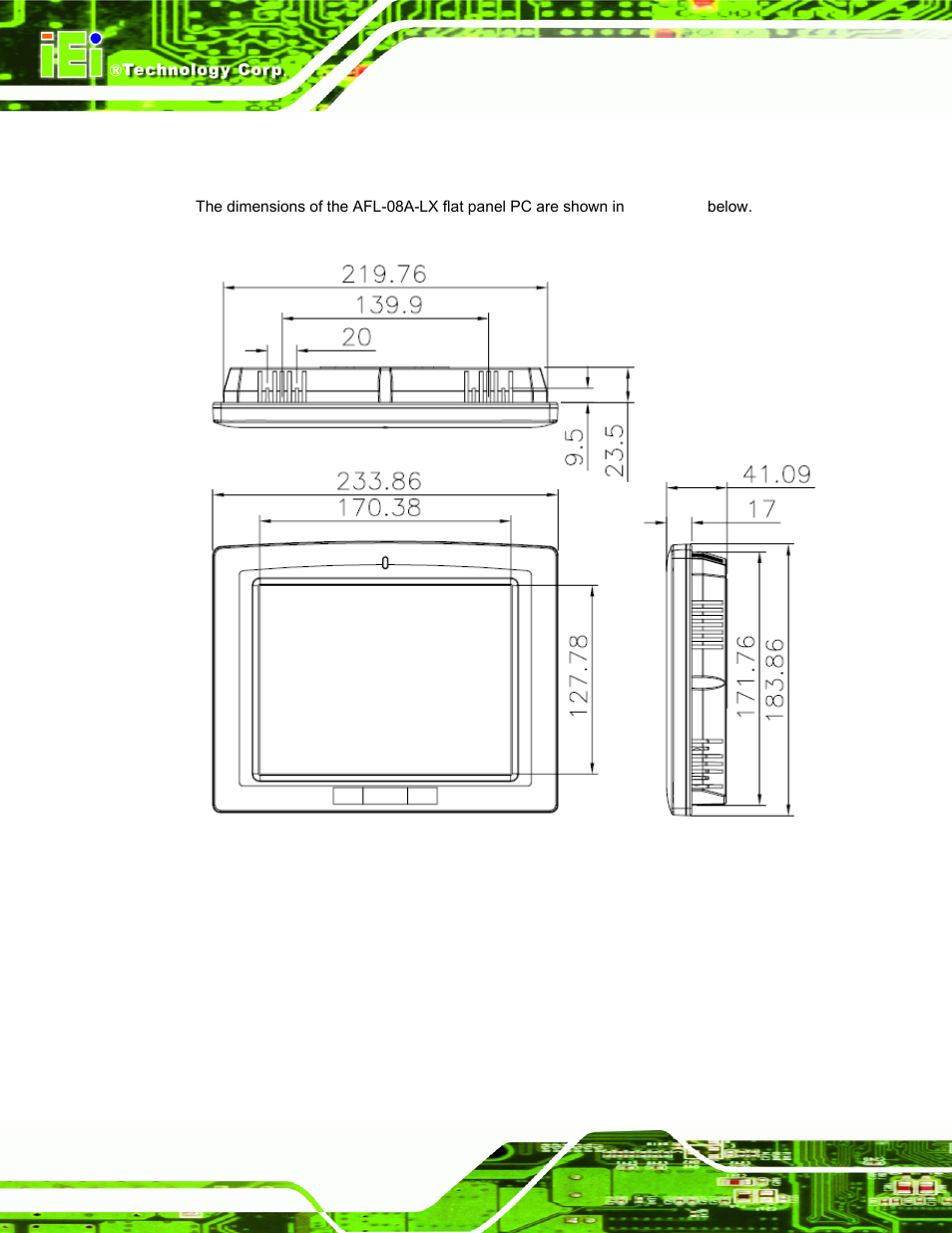 2 afl-08a-lx dimensions, Figure 1-7: afl-08a-lx dimensions (units in mm) | IEI Integration AFL-07A 08AH 10A 12A-LX Series User Manual | Page 28 / 131