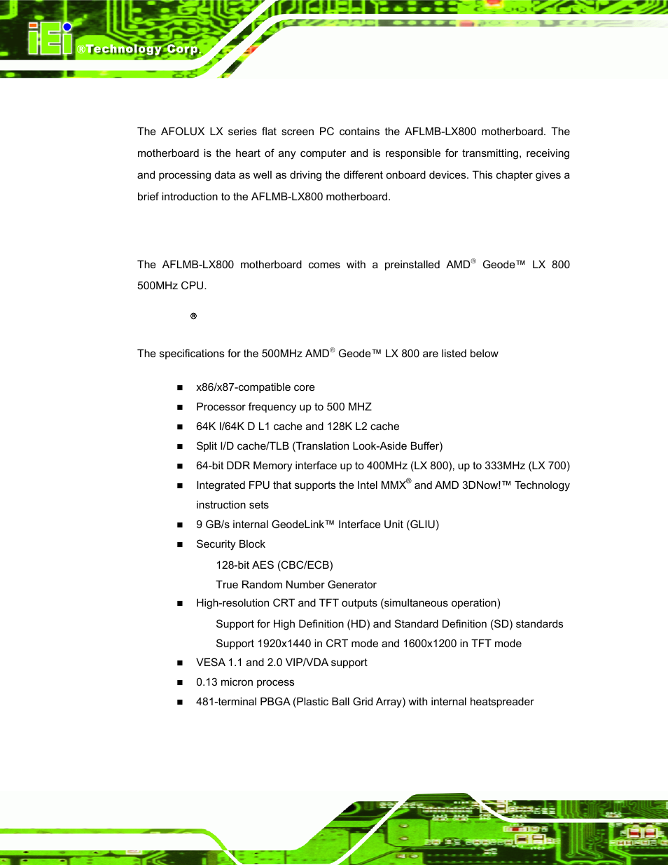 1 introduction, 2 cpu support, 1 amd( geode™ lx 800 500mhz specifications | Ntroduction, 2 cpu s, Upport, 1 amd, Geode™ lx 800 500mhz specifications | IEI Integration AFL-07A 08AH 10A 12A-LX Series User Manual | Page 32 / 131