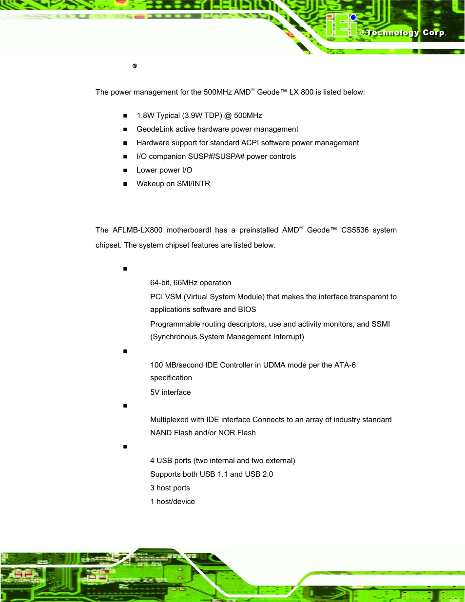 2 amd( geode™ lx 800 500mhz power management, 3 system chipset, 2 amd | Geode™ lx 800 500mhz power management, Ystem, Hipset | IEI Integration AFL-07A 08AH 10A 12A-LX Series User Manual | Page 33 / 131