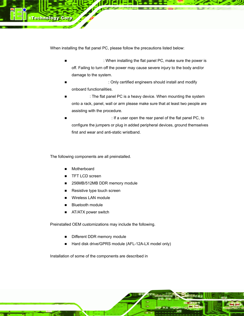 1 installation precautions, 2 preinstalled components, Nstallation | Recautions, Reinstalled, Omponents | IEI Integration AFL-07A 08AH 10A 12A-LX Series User Manual | Page 40 / 131