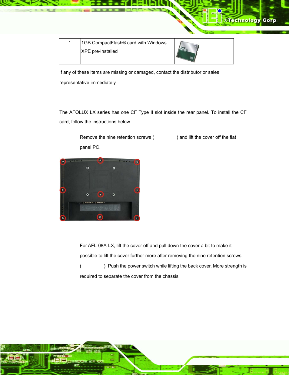 5 cf card installation, 5 cf c, Nstallation | Figure 3-1: back cover retention screws | IEI Integration AFL-07A 08AH 10A 12A-LX Series User Manual | Page 43 / 131