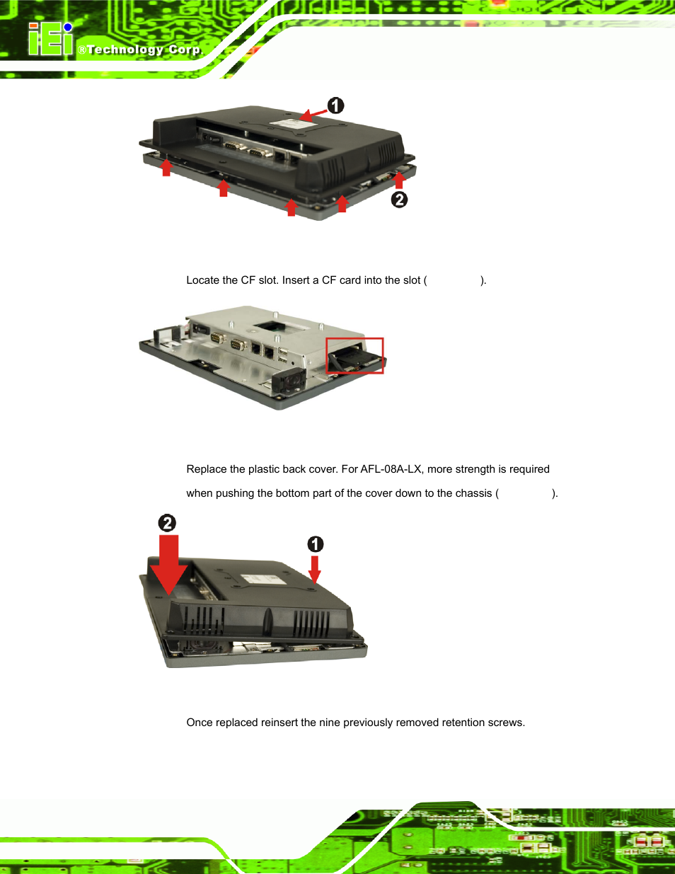 Figure 3-2: afl-08a-lx plastic back cover removal, Figure 3-3: cf card location | IEI Integration AFL-07A 08AH 10A 12A-LX Series User Manual | Page 44 / 131