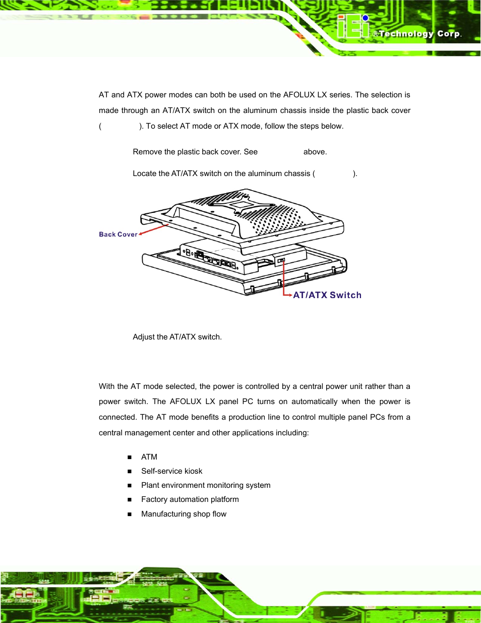 7 at/atx mode selection, 1 at power mode, 7 at/atx m | Election, Figure 3-9: at/atx switch location | IEI Integration AFL-07A 08AH 10A 12A-LX Series User Manual | Page 47 / 131
